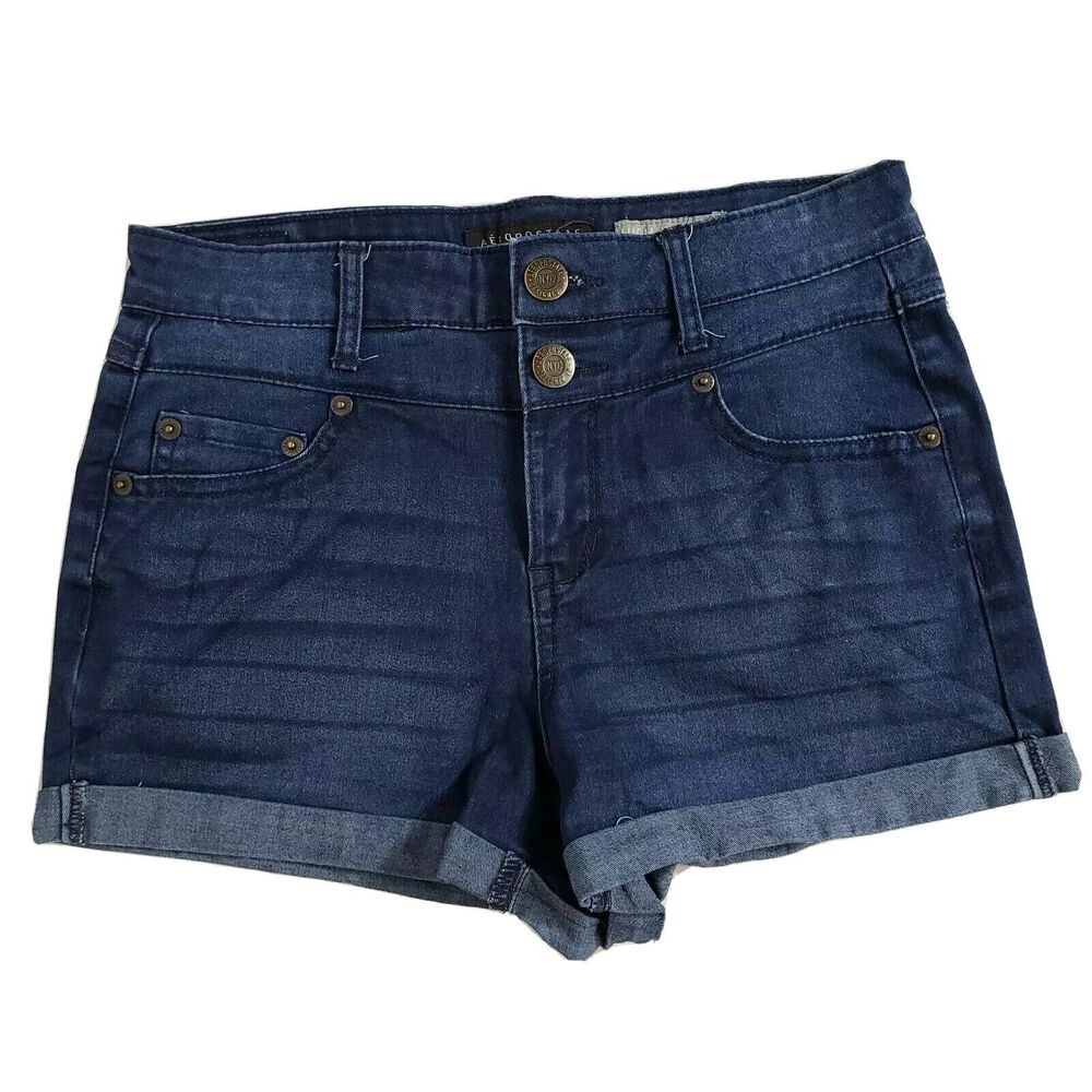 Aeropostale Juniors Shorts Size 4 Denim High Waisted Shorty Shorts Blue Cuffed